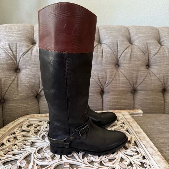 Frye Tall Black & Brown Leather Riding Style Boots Women’s 6.5 - Picture 1 of 9